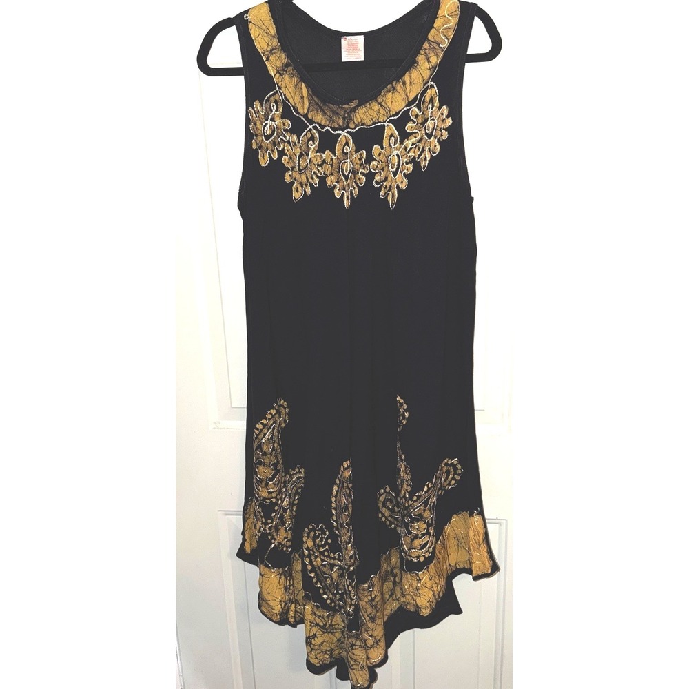 ANJLI Black Gold Batik Paisley Tunic Dress Womens Medium Boho Sleeveless Flowy